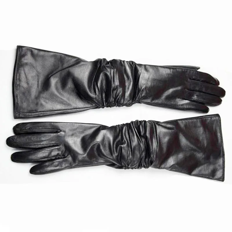 Guantes largos de piel de oveja para mujer, de piel auténtica, hasta el codo, estilo de botón a la moda, forro de terciopelo, calidez para otoño e invierno