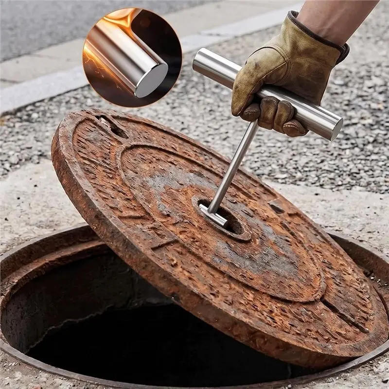 AB42-Stainless Steel 2-Piece Channel Cover Lifter With T-Handle, For Manhole Hook For Manhole Covers, Lids, Drain Grids