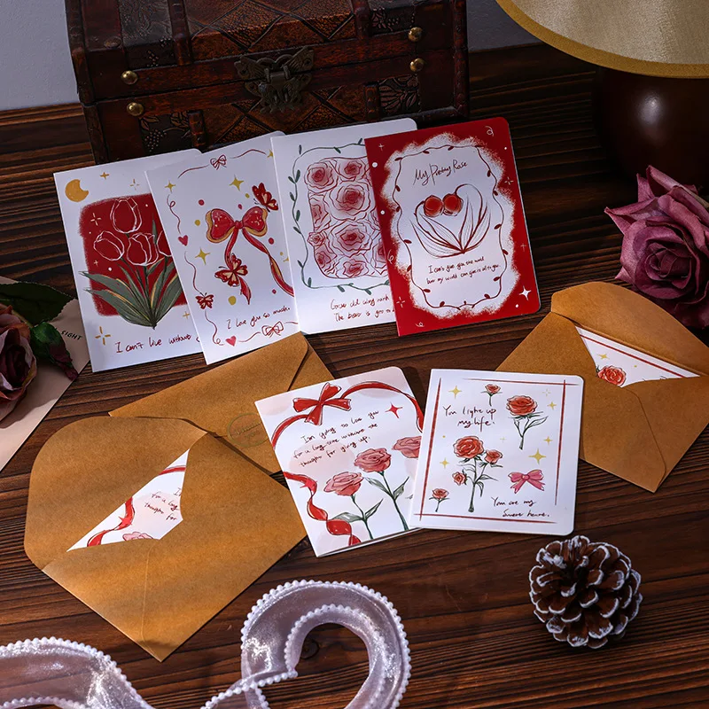 

Vintage Valentine's Day Flower Greeting Card Set with Envelope Birthday Message Card Wedding Bakery Florist Companion Gift Card