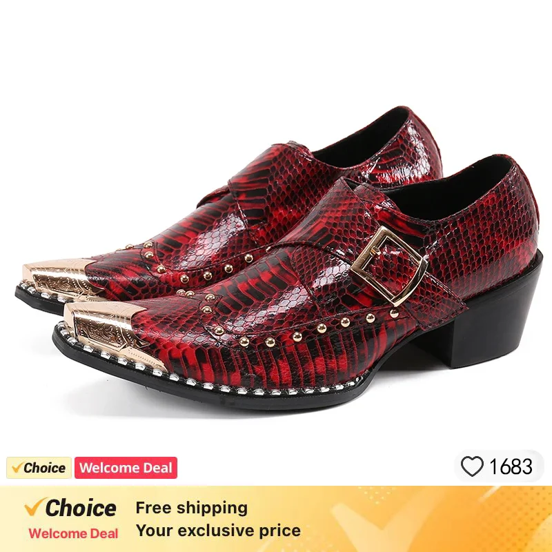 

gold steel toe high heels Snake pattern red black wedding oxford for men rivets formal shoes men genuine leather