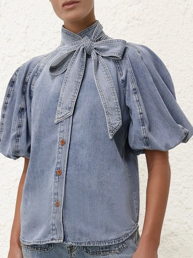 

T-shirt y2k spring and summer tie bow stand-up collar short sleeve cotton denim Women shirts2024simple temperament top for women