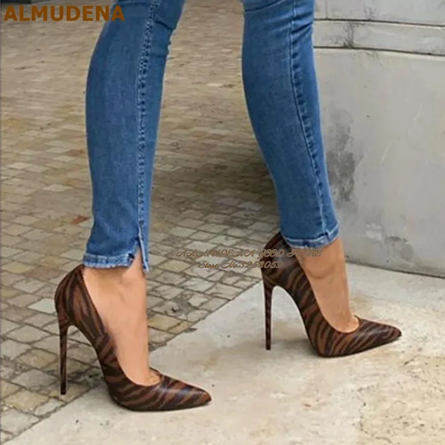 ALMUDENA White/black Zebra Striped High Heel Shoes 12cm 10cm 8cm Stiletto Heel Pointed Toe Snakeskin Dress Pumps Size45 Shallow