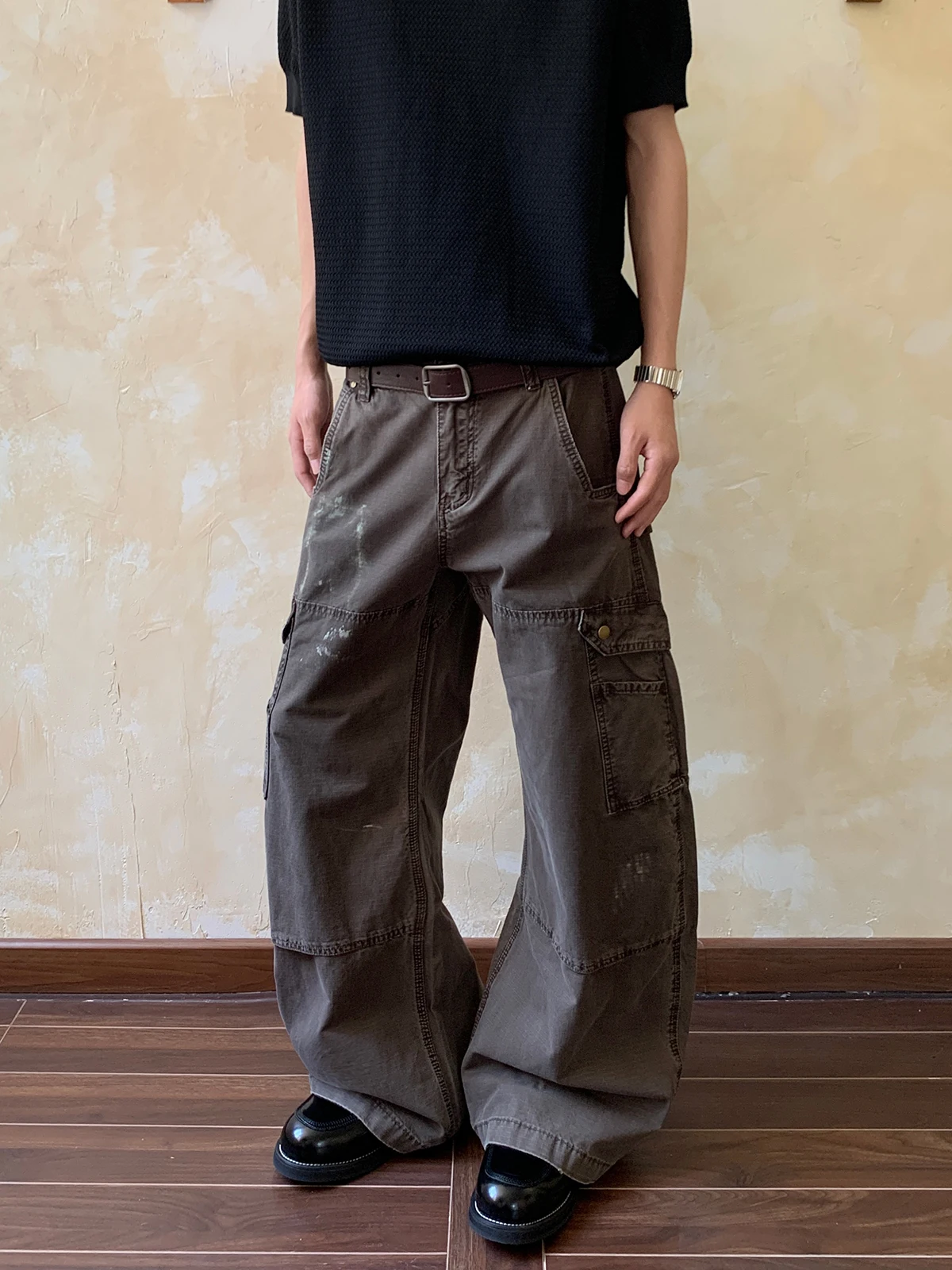 

Oalin Американские Ретро Тяжелые Du Коричневые рабочие брюки с чернилами Высокие чувственные прямые повседневные брюки Пара Свободного кроя из хлопка Po...