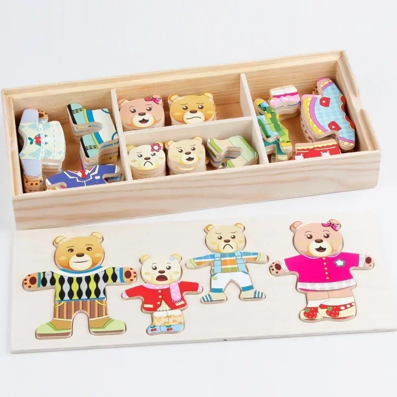 Little Bear Change Clothes Children\'s Early Education Wooden Jigsaw Puzzle Dressing Game Baby Puzzle Toys for Children Gift