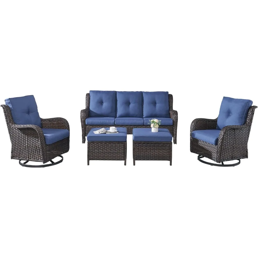 Rattan Outdoor Sectional Conversation Sets with 2 Rocking Swivel Chairs,2 Ottomans Deck Garden Brown/Blue Garden Sofas