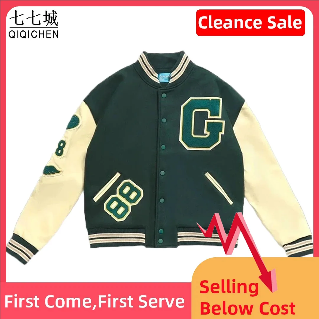 

Vintage Baseball Jacket Men Letter Embroidery Pu Leather Stitching Woolen Varsity Jackets Women New Harajuku Casual Street Coats