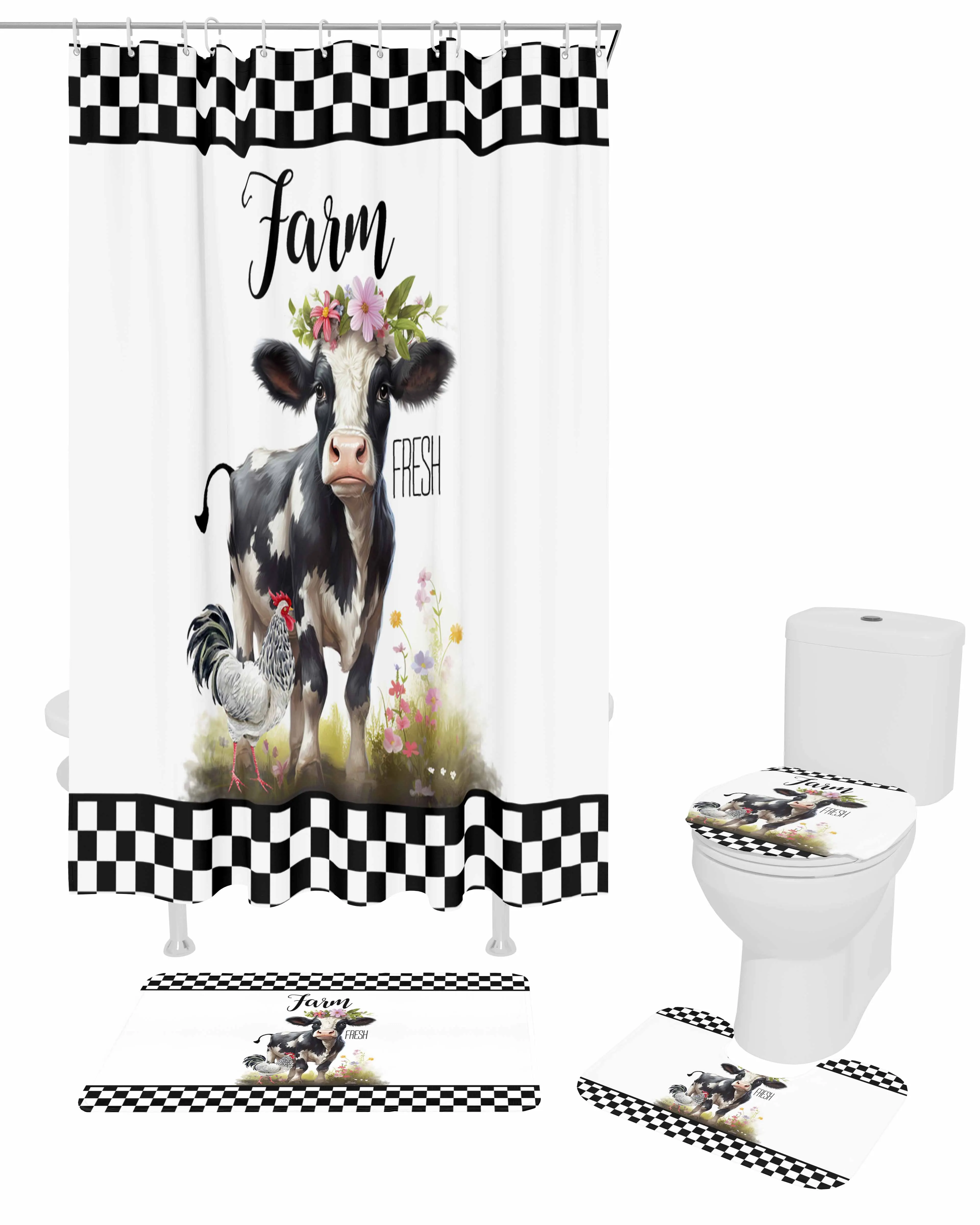 Farm Plaid Cow Rooster Shower Curtain Non-Slip Rugs Toilet Lid Cover and Bath Mat Bathroom Curtains with Hooks