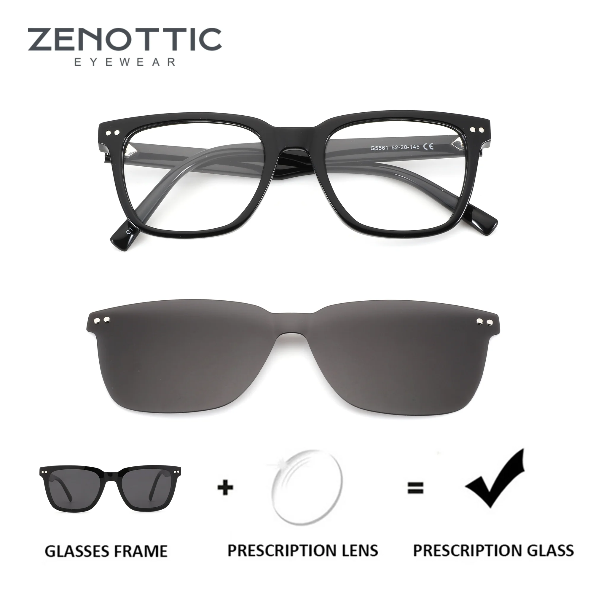 

ZENOTTIC (S Size) Men's Square Acetate Clip on Prescription Glasses Myopia Optical Lenses Blue Light Progressive Custom Eyewear