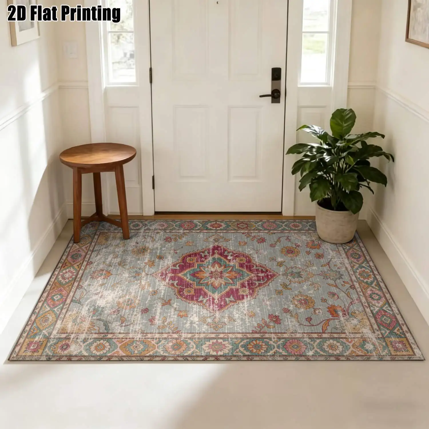 1Pc 2D Printed Retro Blue-Grey Floral Carpet: European/Bohemian/Geometric Style, Home Decor, Multi-Size, Machine Washable, Perfect for Entrance, Dining, Foyer, Bedroom, Living Room as a Mat/Carpet