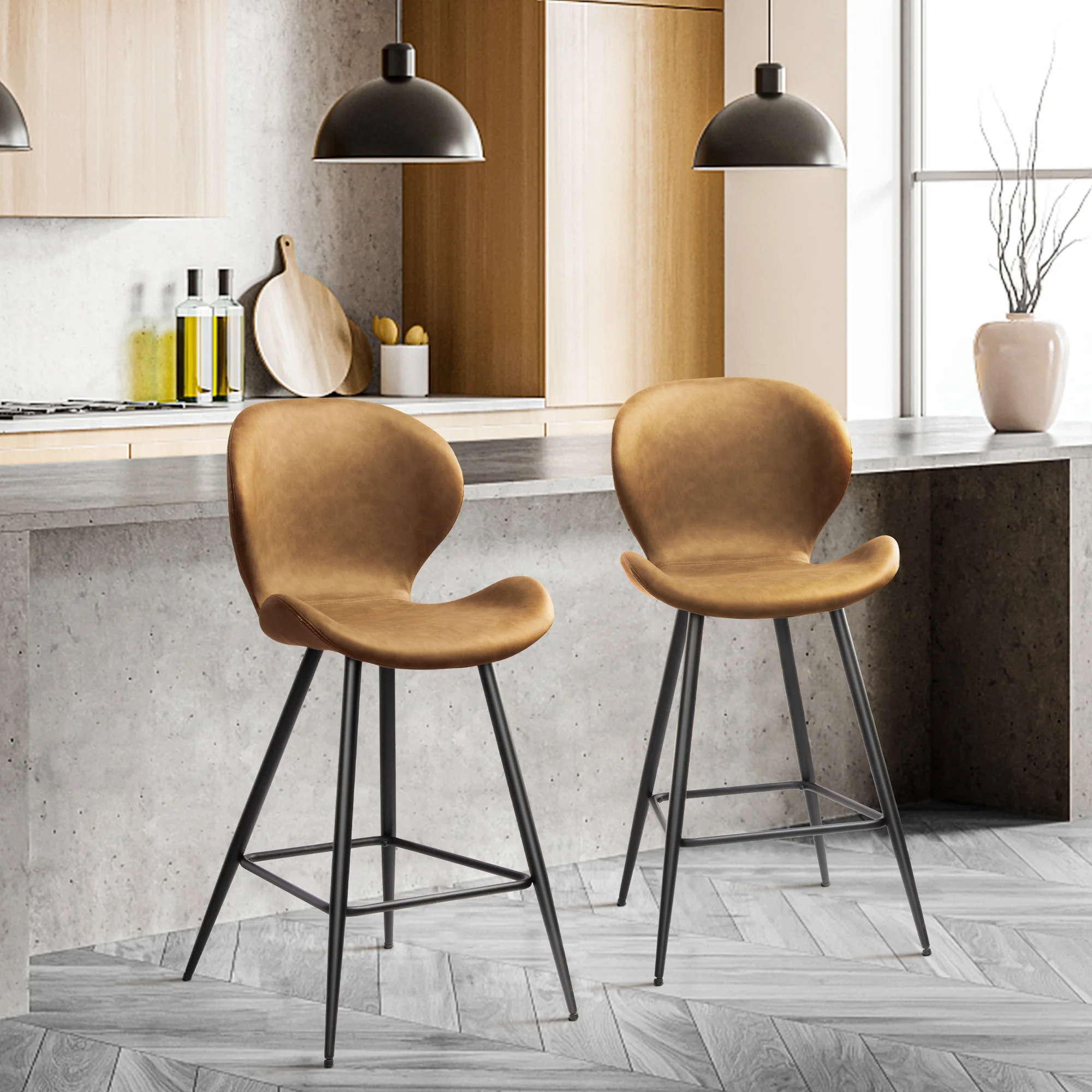 

Leisure Dining Chair Armless Stools Bar Chair Brown Leather High Bar Chairs With Metal Legs for Kitchen Bar Table