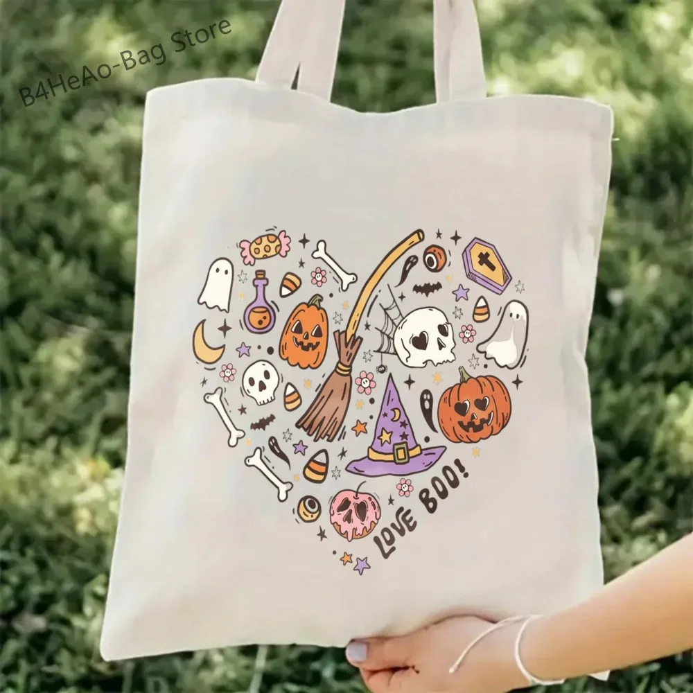 Halloween Spooky Theme Canvas Bag Large Capacity Shoulder Shopper Bag Yoga Tote Bag Ecofriendly