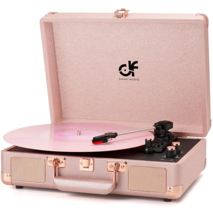 

Portable 3-Speed Vinyl Record Player in Pink Rose Gold with Built-in Speakers Headphone Jack RCA-Out/AUX-in Vintage Belt-Driven