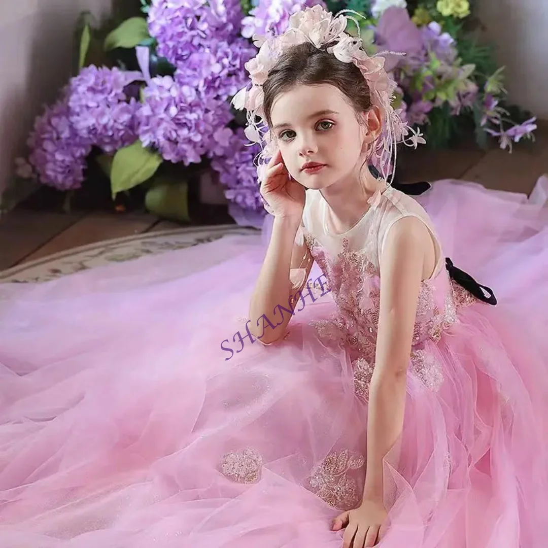 Customized Pink Flower Girl Dress Beading Appliques Long Princess Children Wedding Birthday Party Pageant Formal Gown