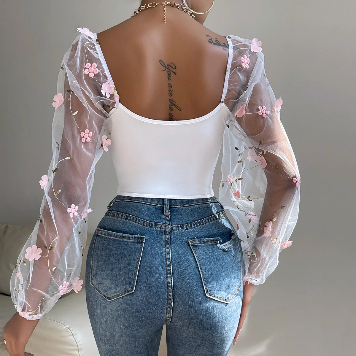 White Gauze Crop Tops Summer Women Clothes Floral Backless Long Sleeves Corset Vest Ladies French Sexy Boned Tank Top Slim Camis