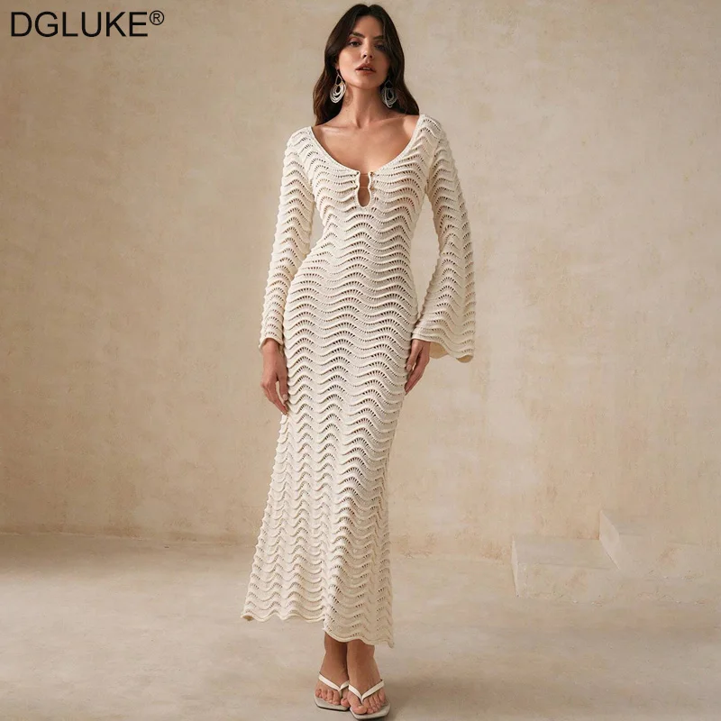 

DGLUKE White Knitted Beach Dresses 2025 V-Neck Flare Sleeve Crochet Maxi Dress Long Sleeve Backless Summer Dress