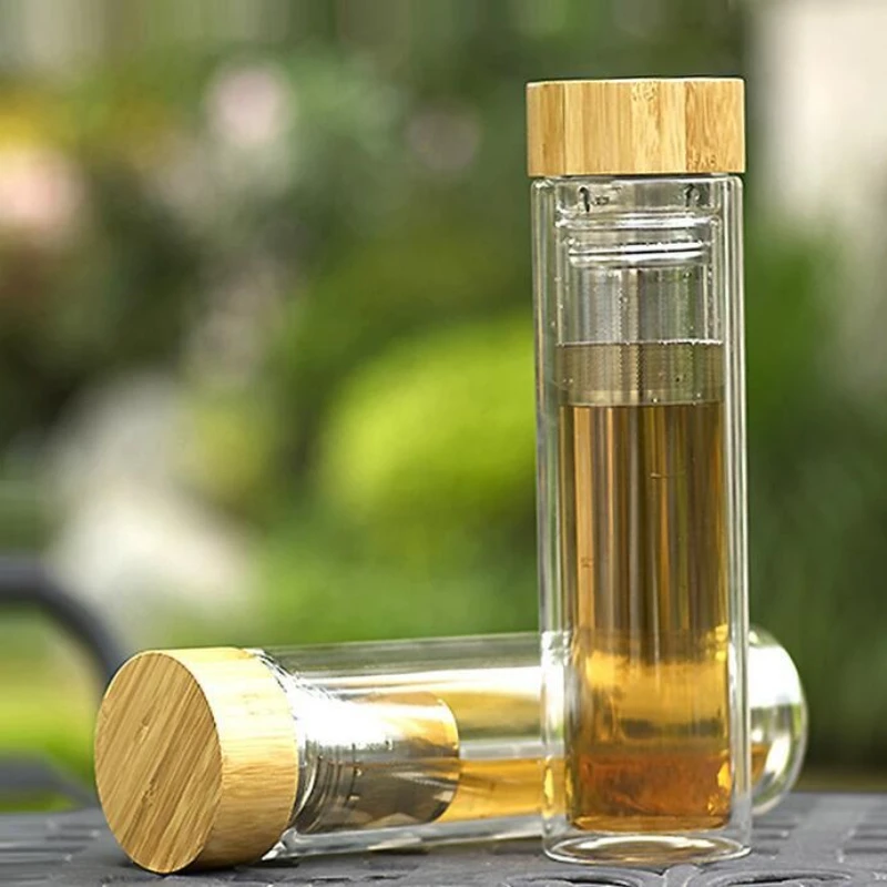 10pcs High Boron Silicon Double Layer Glass Bottle Bamboo Cover Water Bottle with Tea Funnel Thick Heat Insulation