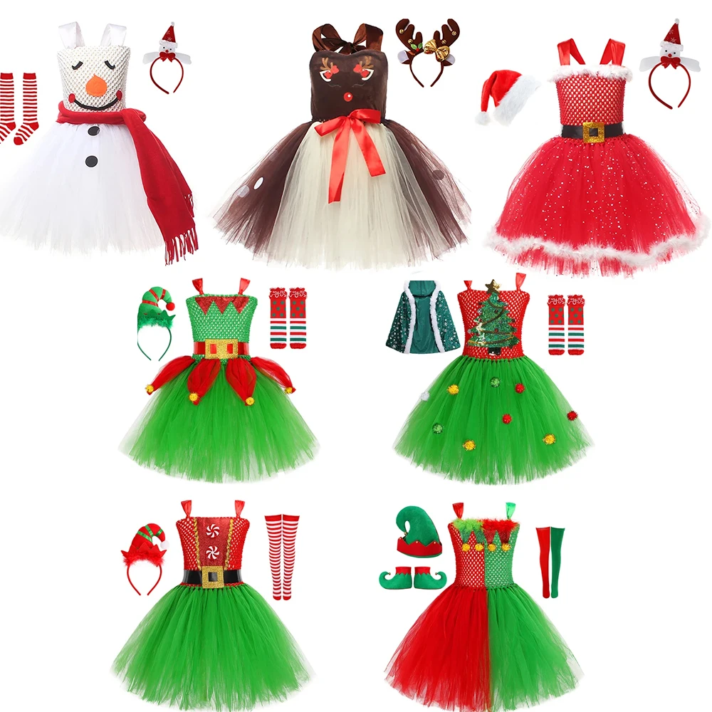 

Christmas Costume Children Cosplay Snowman Clothing Outfit Children Deer Mesh Dress Girls Fluffy Skirt Performance Dress