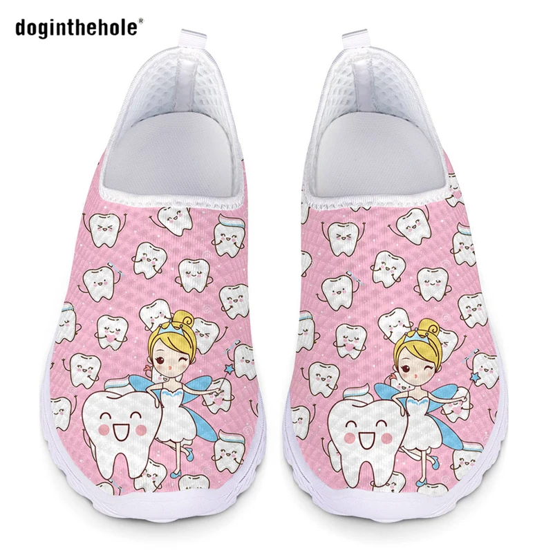 doginthehole Women Mesh Slip on Shoes Breathable Sport Sneaker for Ladies Angel Dental Tooth Print Cute Girl Walking Shoes