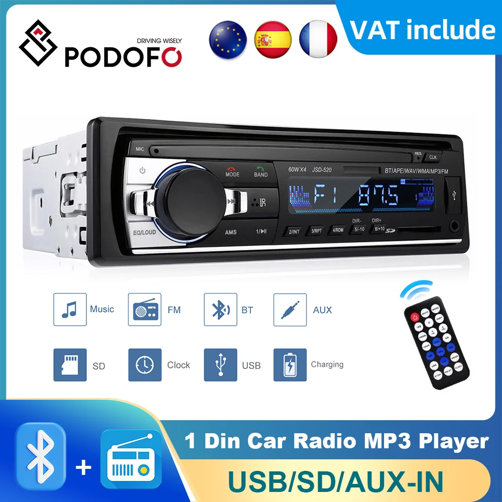 Podofo Car Radio Stereo Player Digital Bluetooth MP3 Player FM Audio Stereo Music USB/SD with In Dash AUX Input JSD-520 60Wx4