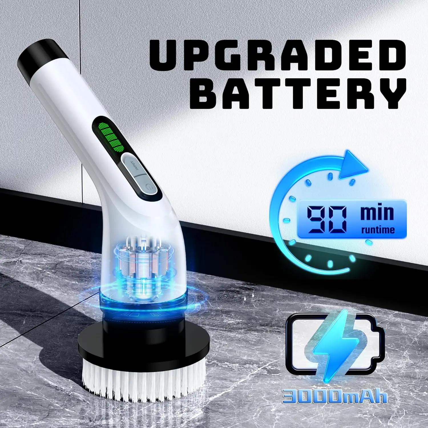منظف دوار كهربائي - منظف لاسلكي مزدوج السرعة مقاوم للماء مع 7 رؤوس لتنظيف الحمام والبلاط والزجاج والسيارة (أبيض) #2