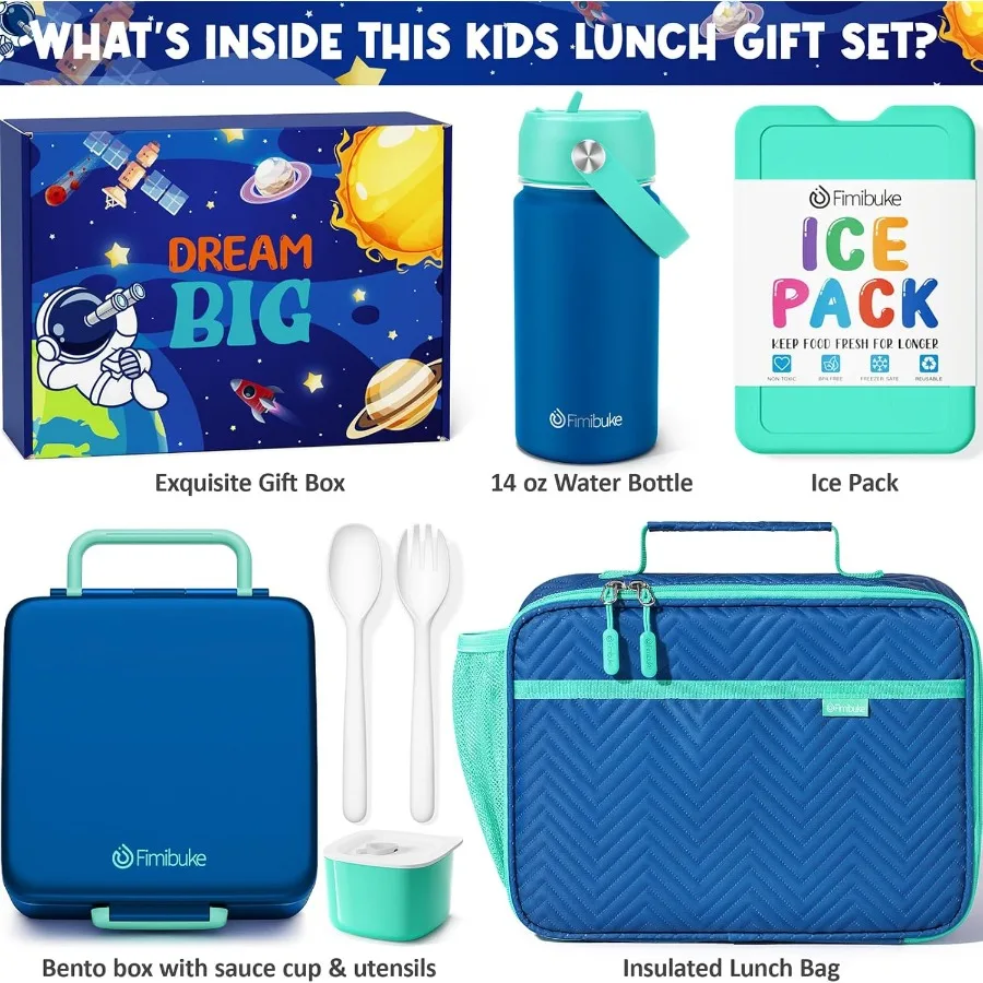 Bento Lunch Box with 4 Compartments Insulated Lunch Bag Stainless Steel Insulated Water Bottle Ice Pack Utensils Set for School