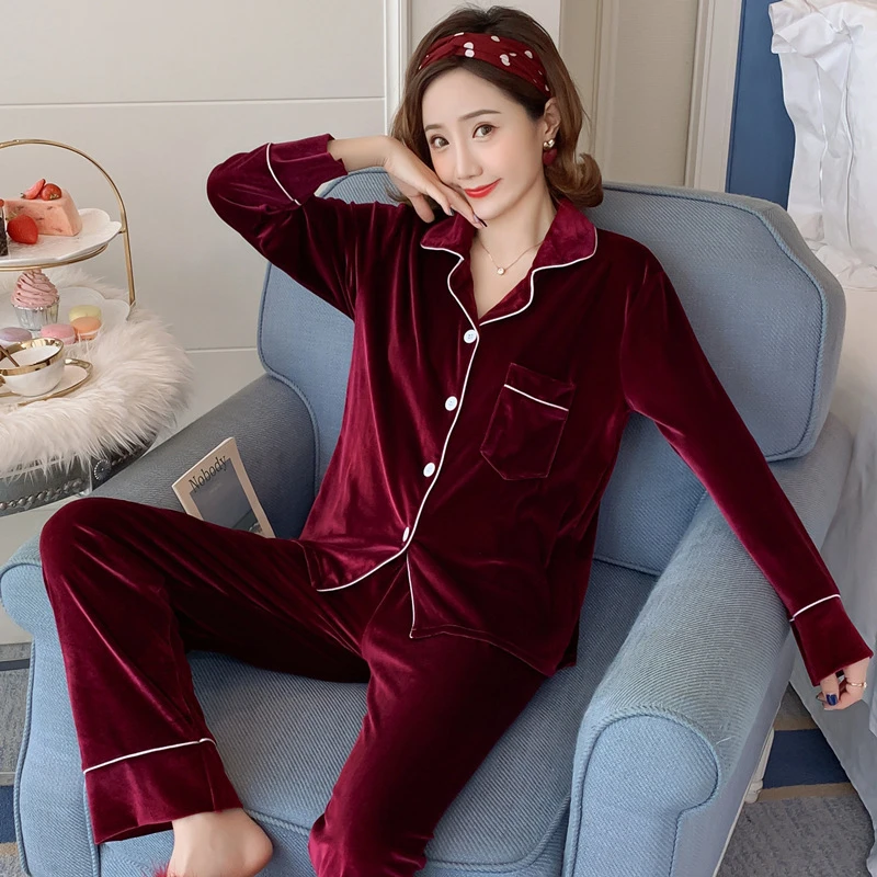 Autumn New Canary Velvet Sleep Wear Women Lapel Button Cardigan Women\'s Two Piece Set Simple Solid Color Luxury Women\'s Pajamas