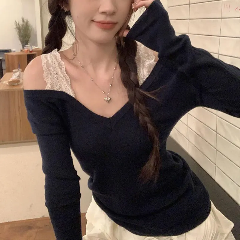 Hotsweet Off Shoulder Slim T-shirts Women's Clothing Fashion Lace Drawstring Spring Autumn Solid Color Casual V-Neck Pullovers