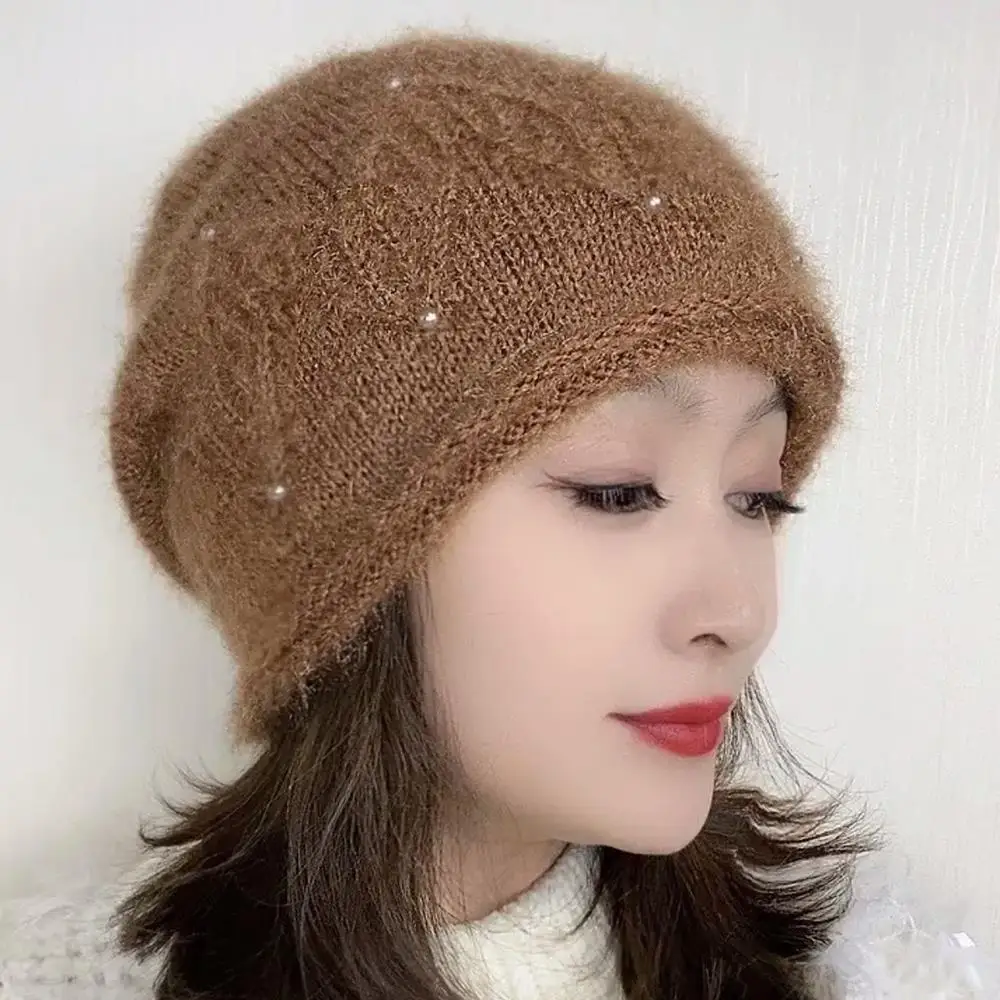 Vrouwen Winter Warm Gebreide Hoeden Dubbellaags Effen Kleur Dikker Pluche Warme Beanie Cap Coldproof Gehoorbescherming Wol Gehaakte Caps