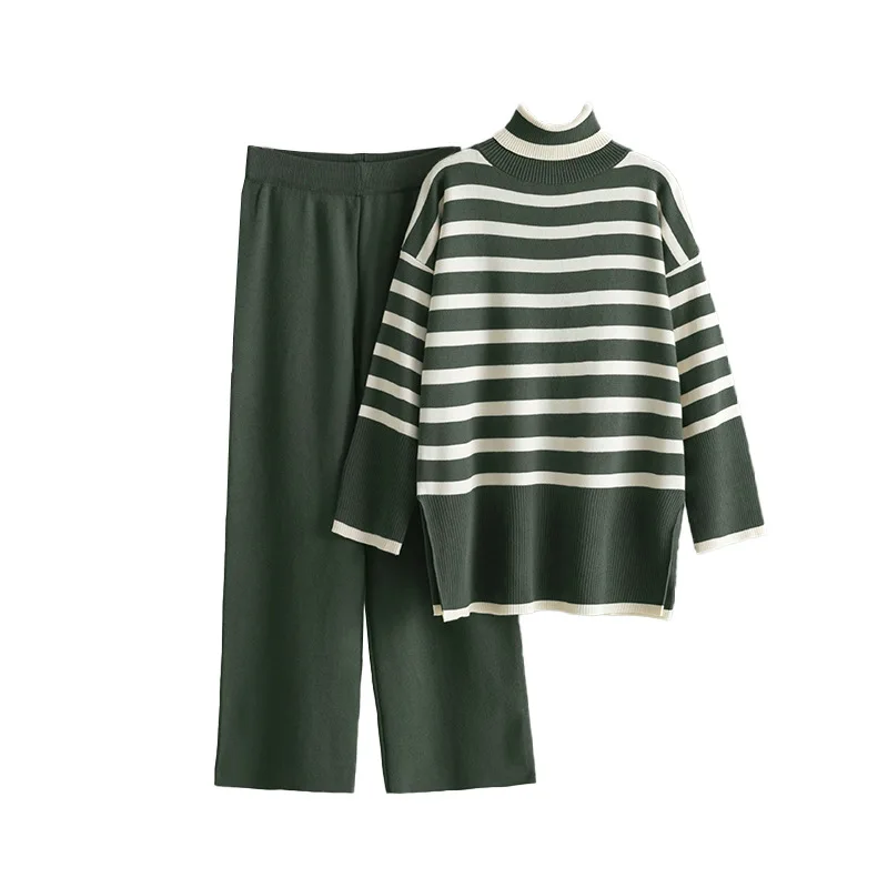 Muslim Women Knitting 2 Piece Sets Striped Sweater Pullover Top Wide Leg Pants Suit Outfits Knitwear Turtleneck Ensemble 2025