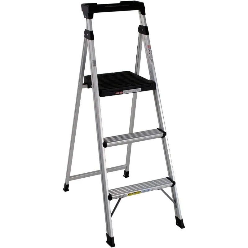 3-Step Lightweight Aluminum Folding Step Ladder with Non-Marring Leg Tips, Slip-Resistant Platform, ANSI Rated 225 lbs