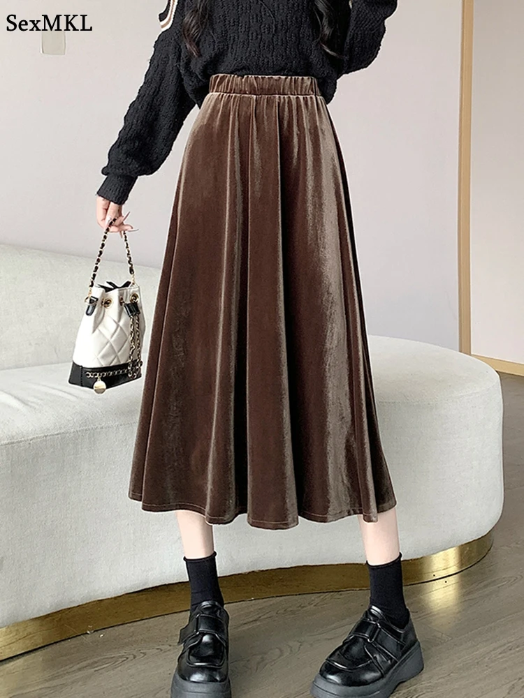 

Винтажные бархатные плиссированные длинные юбки, черные женские зимние эластичные талии Y2k, одежда большого размера, свободная повседневная юбка средней длины, элегантная