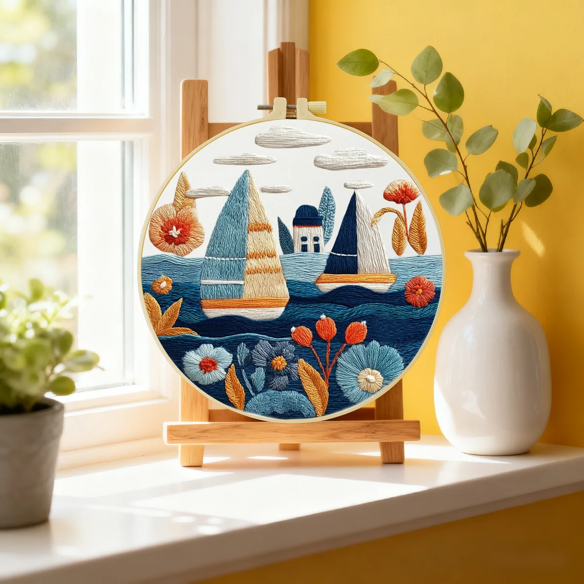 1 Stück 20X20CM/15X15CM 7,87/6,3 Zoll Segelboot Stickerei Starter-Kit DIY-Kit DIY-Stickerei-Set Handarbeiten Nähkunst – Detail 2