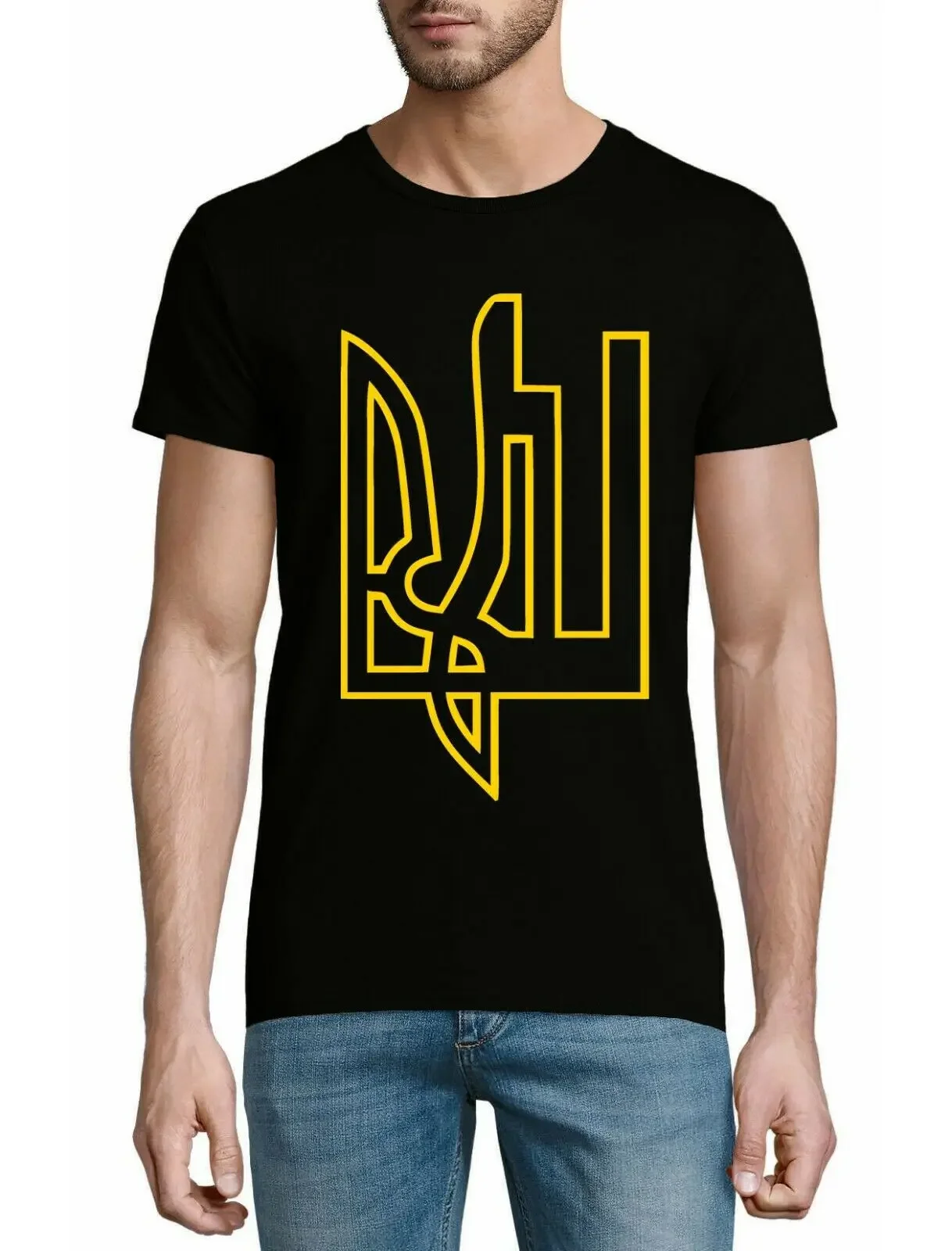 Ukraine Gold Trident Coat Of Arms Detail Men's Crew Neck T-Shirt Men's 100% Cotton Casual T-shirts Loose Top Size S-3XL