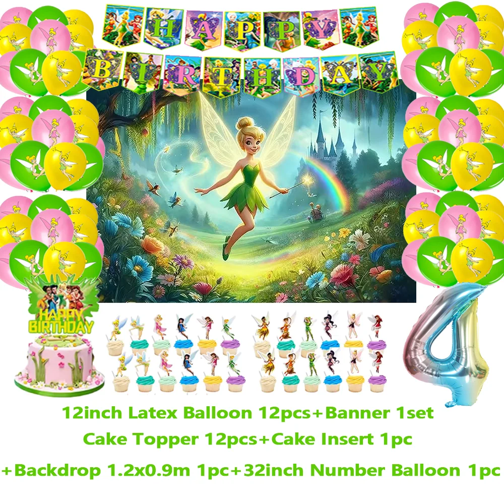ديزني تينكر بيل موضوع حفلة عيد ميلاد زينة خلفية الكرتون الجنية الجان بالون كعكة توبر لوازم استحمام الطفل الدعائم