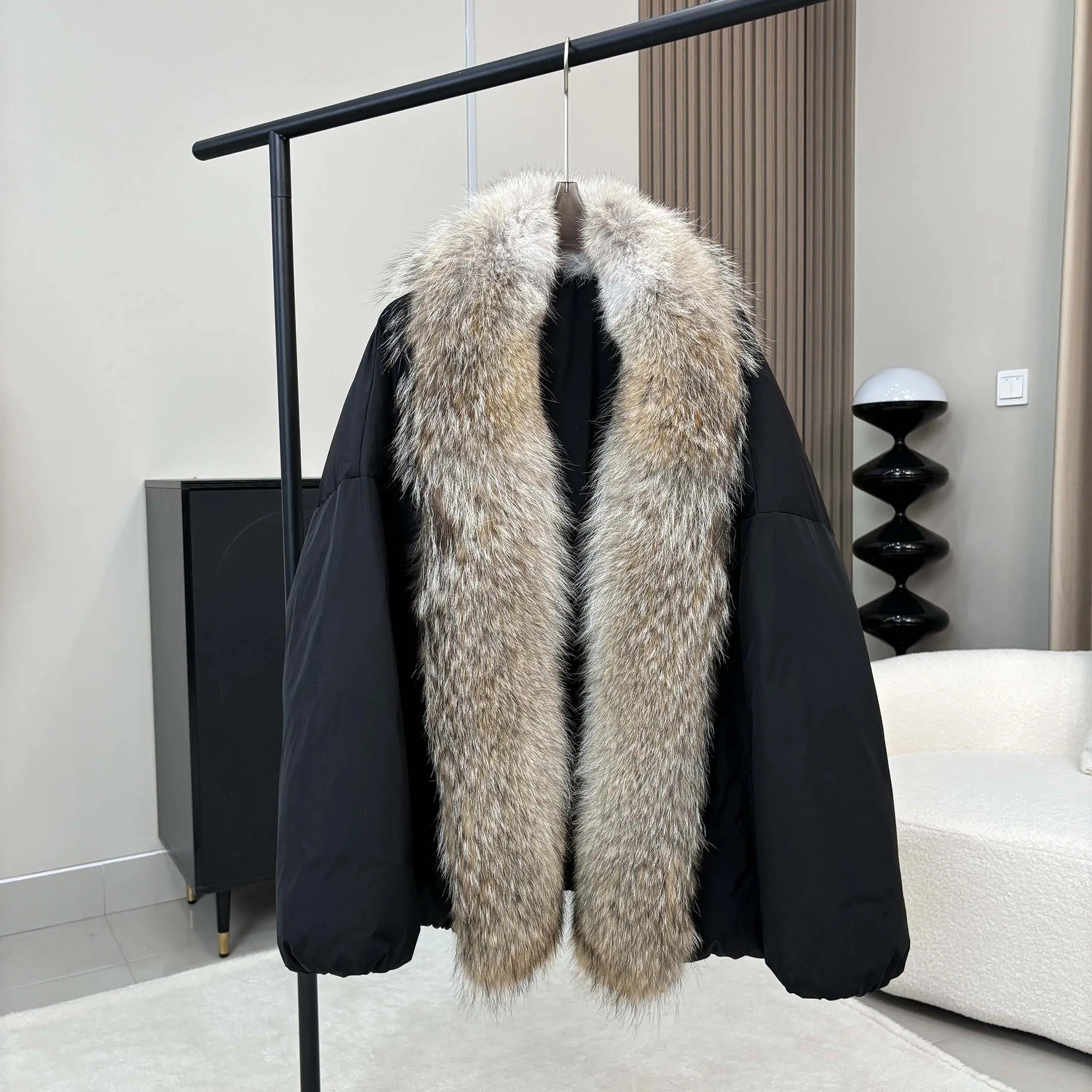 Prendas de vestir para mujer, chaquetas de plumas de ganso cálidas de invierno, cuello de piel de zorro Real Natural, chaquetas acolchadas para mujer, abrigos sueltos gruesos