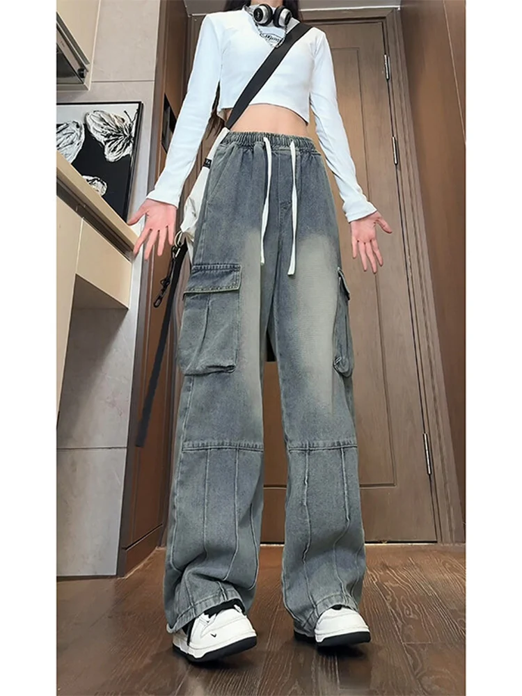 

Мужские джинсы с высокой талией, широкие, повседневные, весенние, модные, брендовые, из денима, рабочие брюки, в американском стиле, с завязками