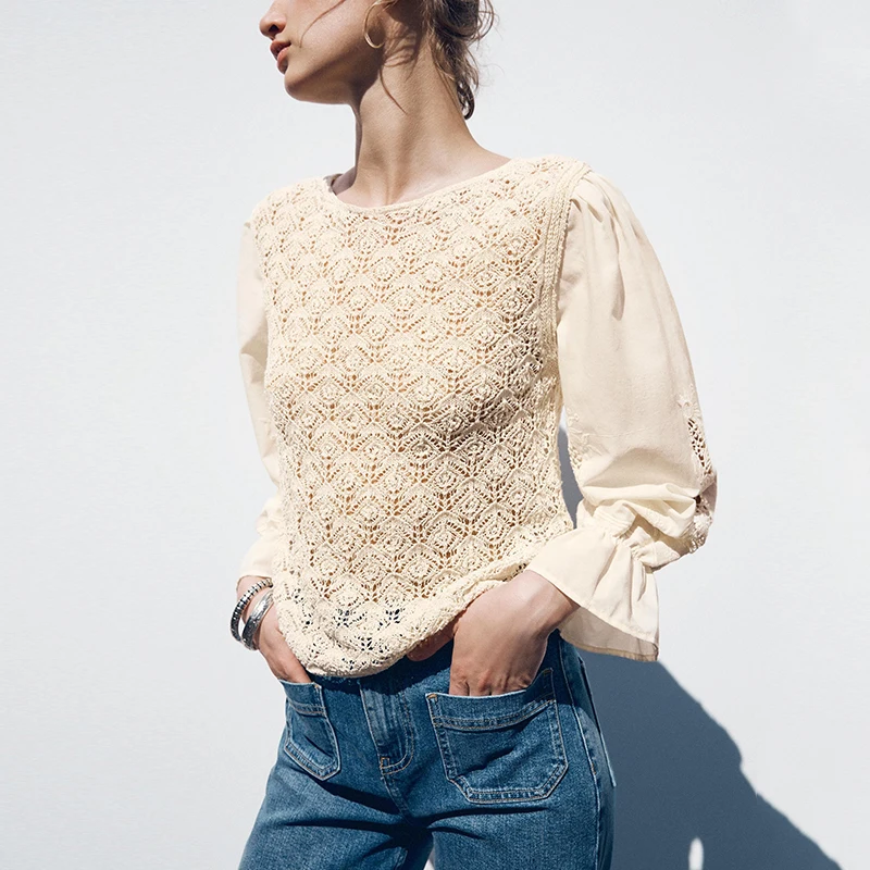 

Z Women's Knitted round Ne T-irt 2025 New Faion Splicing Embroidery Me Long Sve Loose Fit Summer irt