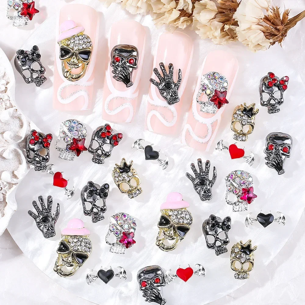 10pcs Alloy Gothic Punk Style Nail Charms 3D Chrome Skeleton Cross Heart Spider Nail Decoration DIY Halloween Nail Accessories