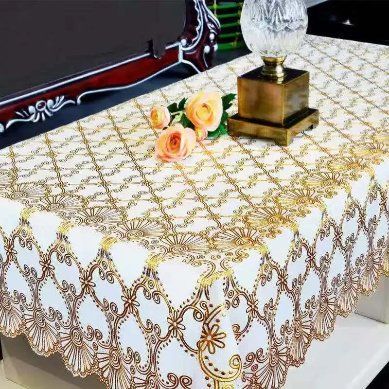 Waterproof Tablecloth Household Rectangular Oilproof PVC Plastic Tablecloth Golden Bronzing Printing Table Cover Table Mat Nappe