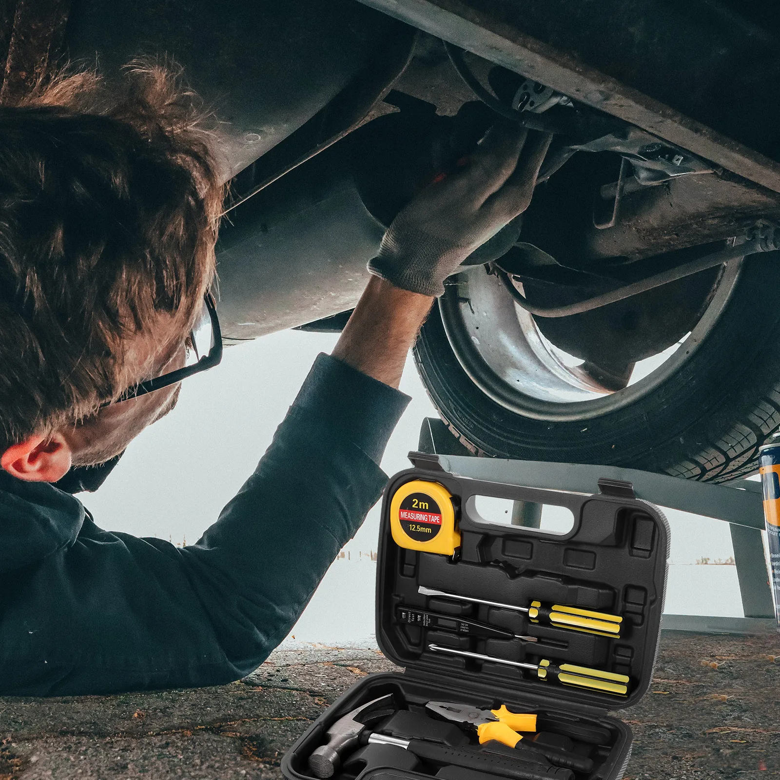 1 مجموعة أداة صندوق المدمجة دائم متعدد الاستخدام مجموعة أدوات صغيرة المنزلية السيارات السيارات إصلاح مفك المطرقة كماشة قياس