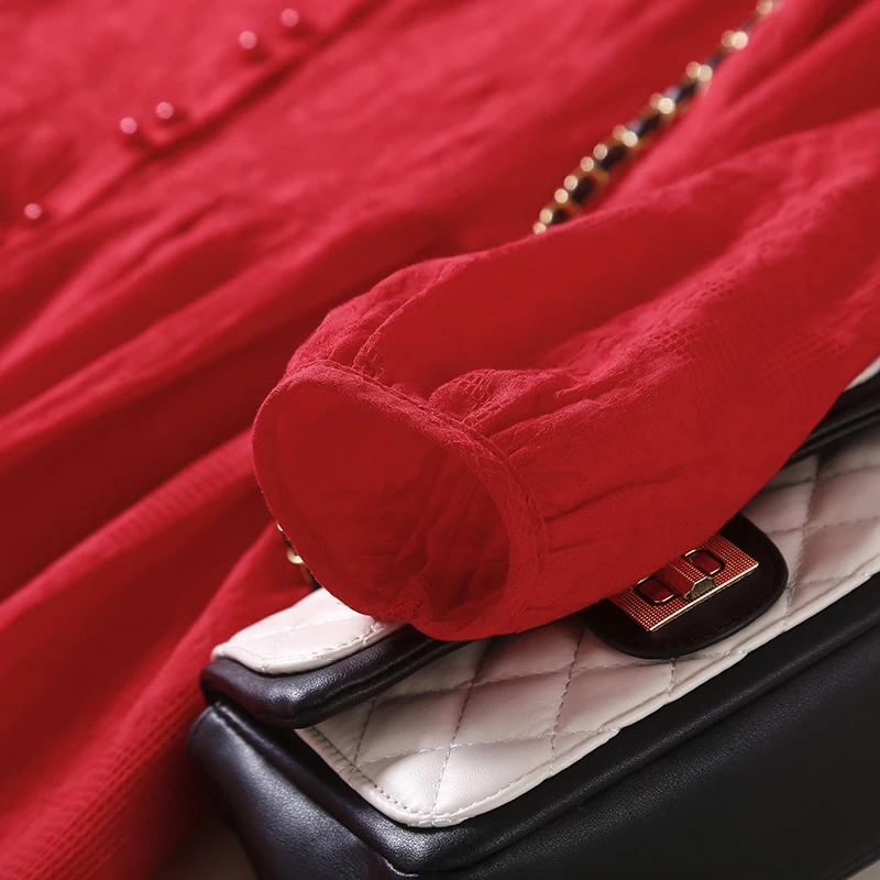 Robe en lin rouge élégante pour femmes, col rond, manches longues, Simple boutonnage, ligne a, mi-longue, mode Simple, tenue décontractée, nouvelle collection automne