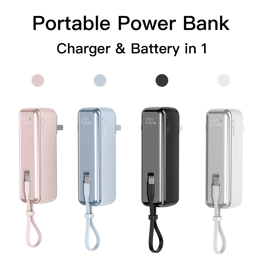 5000mAh Portable Power Bank with Cable Plug Charger 20W Fast Charging Mini Battery For iPhone 16 15 14 13 12 Samsung Xiaomi