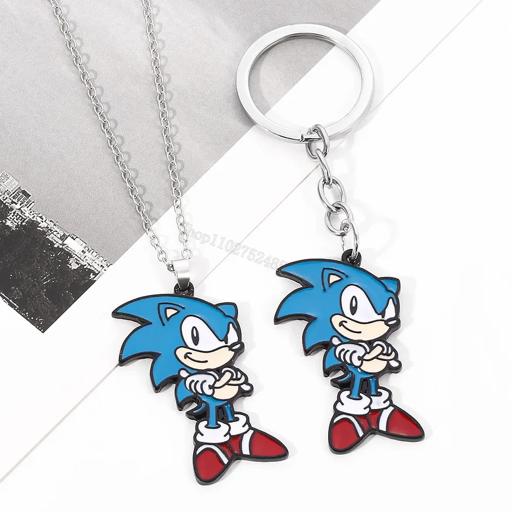 Sonics Keychains Necklace for Men Women Cartoon Anime Figure Shape Key Chains Car Pendants Metal Keyring Charms Accessories Gift