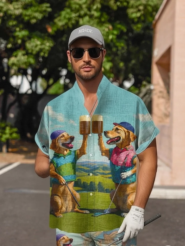 

2026 Funny Cartoon Animal Printed Shirts Casual Loose Short Sleeve Holiday Summer Tops Vintage Stand Collar Men's Tunics Males