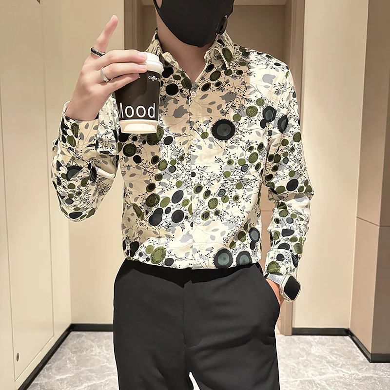 Hot Selling Flower Shirt for Men Long Sleeve Casual Shirts Fashion Slim Fit Social Party Tuxedo Blouse High Quality Men Clothing