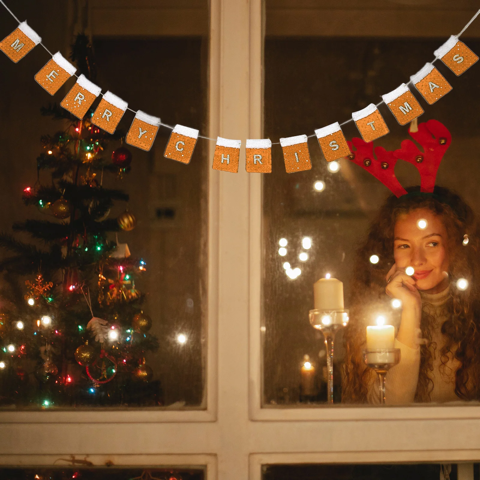 

Felt Wall Banner Decor Christmas Hanging Bunting Garland Holiday Party Home Fireplace Decoration Fabric Backdrop Stocking