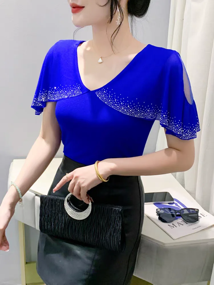 Real Photos Summer Top Women Patched Ruffles Short Sleeve Mesh V Neck High Stretch Slim T-shirts Female Diamonds Tees