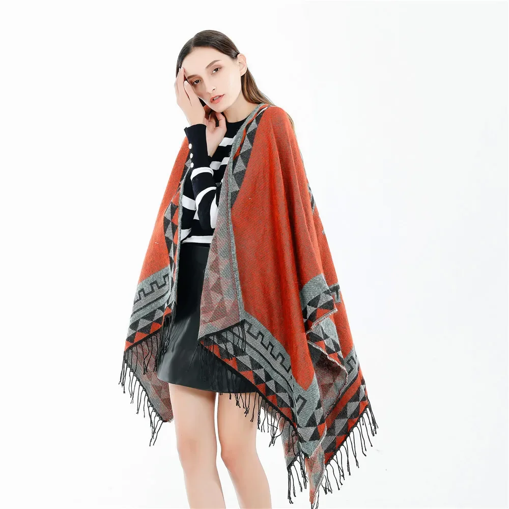 Winter New Tassel Printing European American Fashion Street Solid Color Imitation Cashmere Warm Scarf Shawl Gray Red
