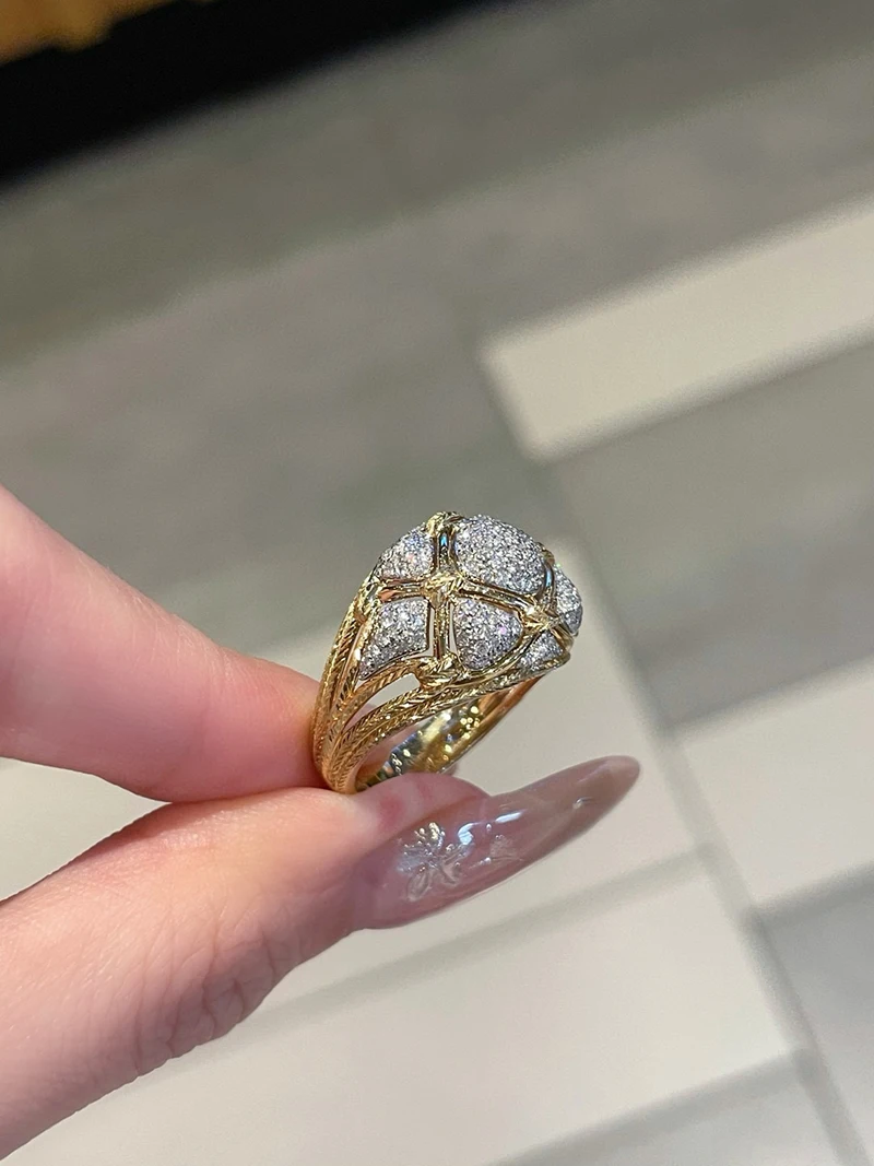 LUOWEND 100% 18K Anelli in oro giallo Design di moda di lusso 0.70 carati Anello da cocktail con vero diamante naturale per le donne Gioielleria raffinata