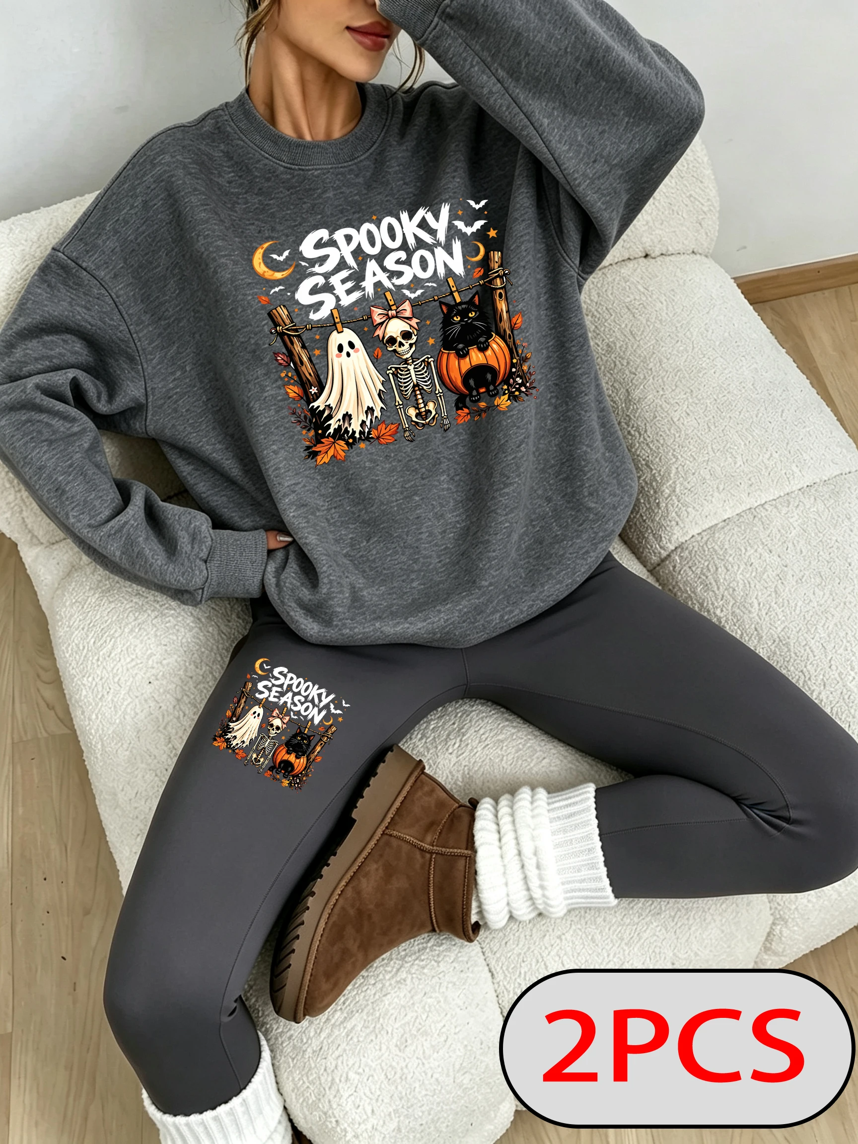 Halloween Spooky Season Skull Ghost Pumpkin Cat Women Pullover Fleece 0-Neck Sweatshirt Set Autumn Warm Leggings Streetwear